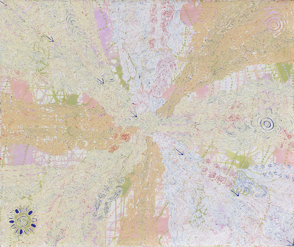Abstract painting of layered drips, dots and botanical designs in pink, purple, yellow, white and green.