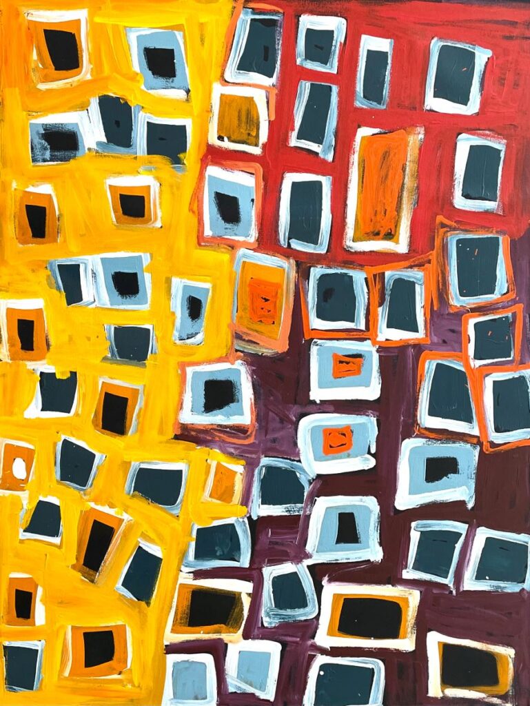 An abstract painting in yellow, red, purple, blue, orange and white, of many roughly painted squares