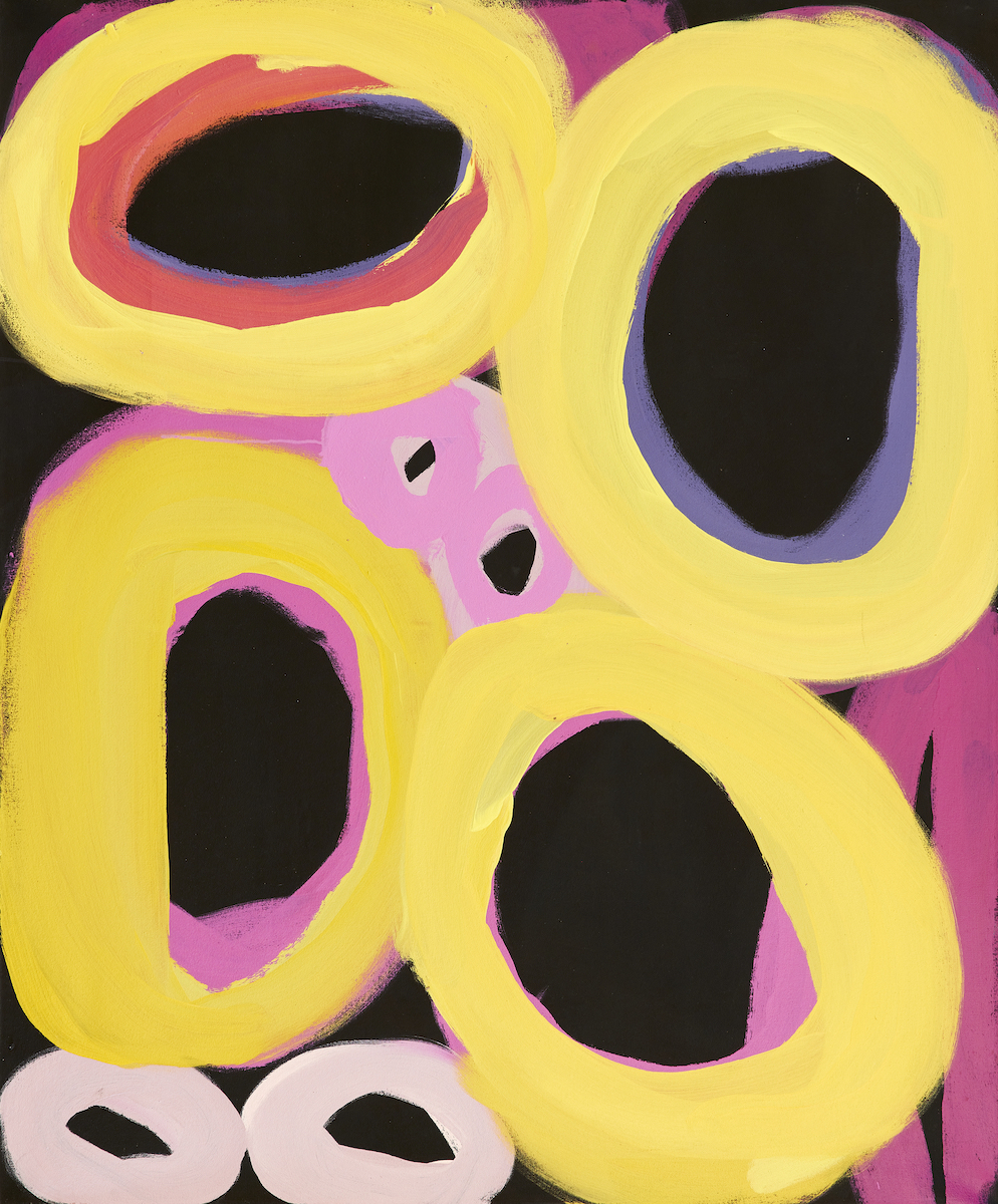 Abstract painting of coloured circles in yellow, orange, pink and purple on a black background.