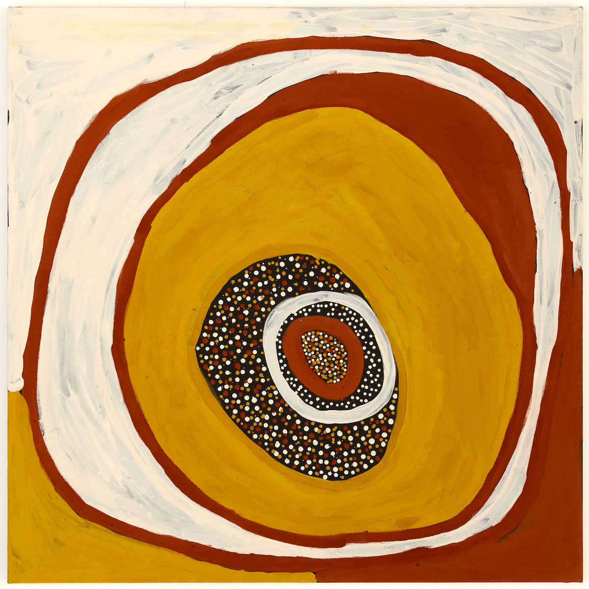 Abstract painting of organic circles and dots in cream, red, yellow ochre and black.