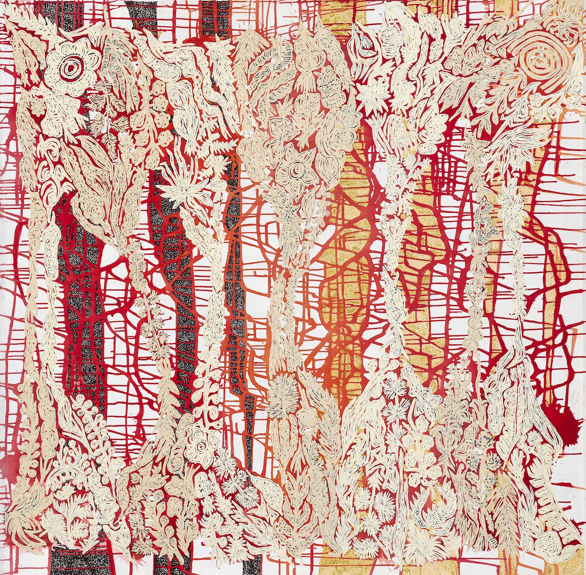 Abstract painting of layered drips, dits and botanical designs in orange, pale yellow, red and white.
