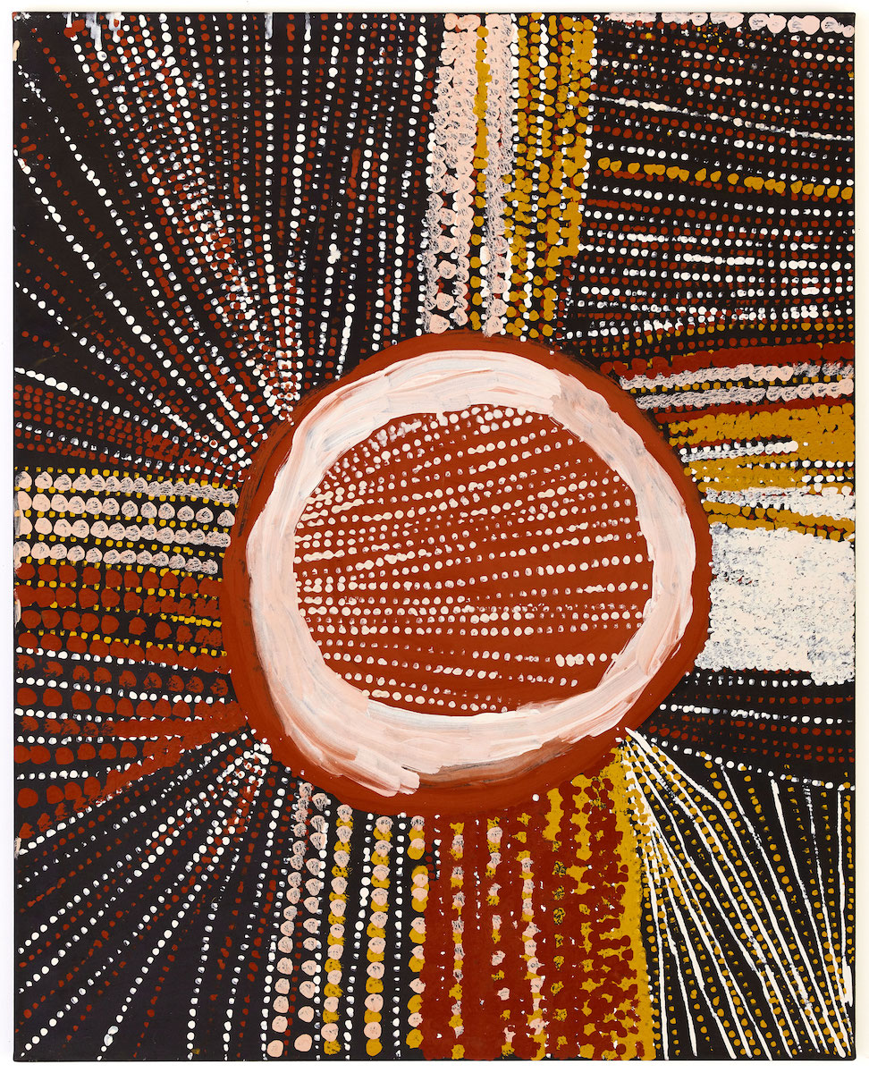Abstract painting of organic circles and cascading dots and lines in cream, red, yellow ochre and black.
