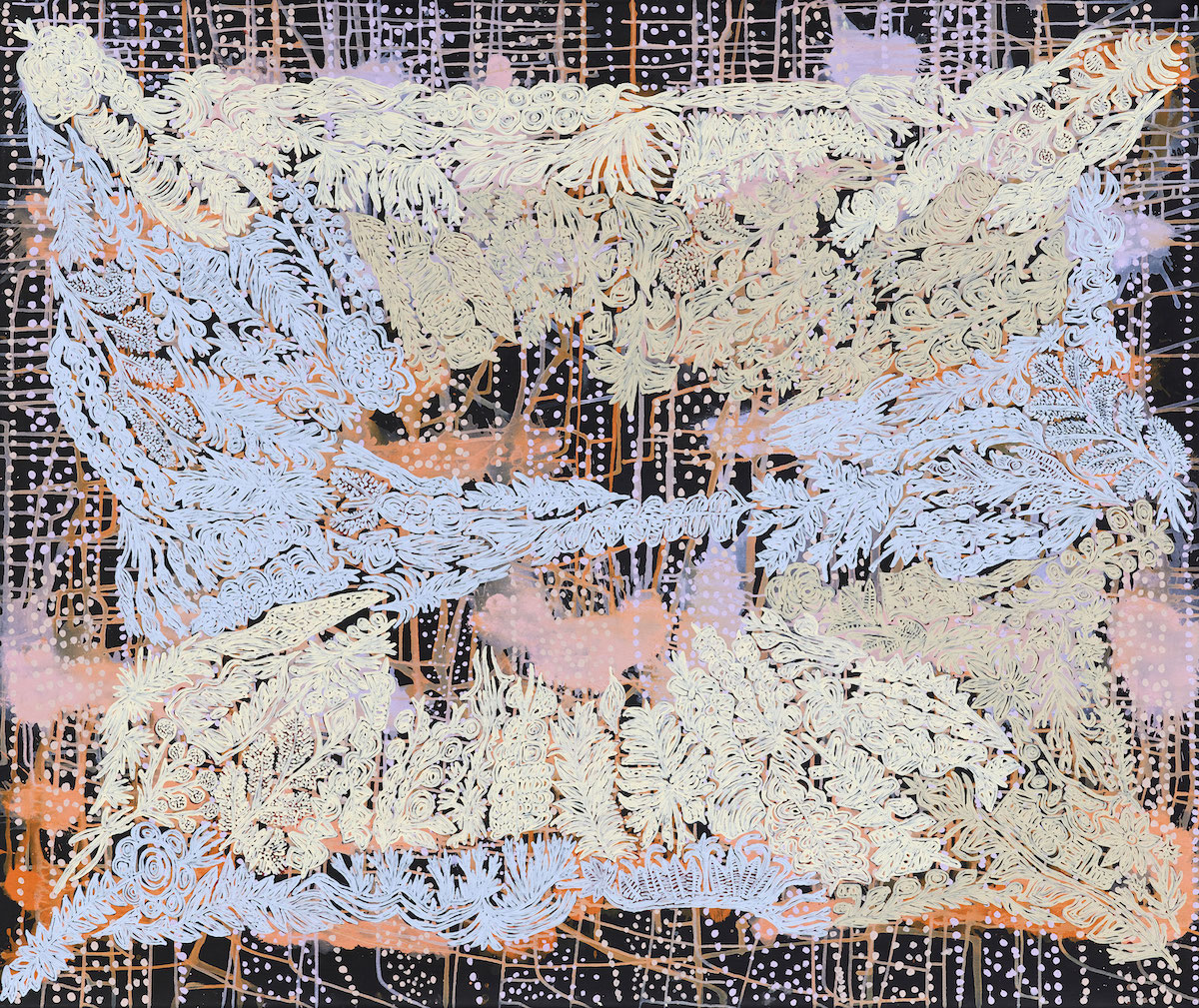 Abstract painting of layered drips, dots and botanical designs in black, orange, blue, yellow and pink.