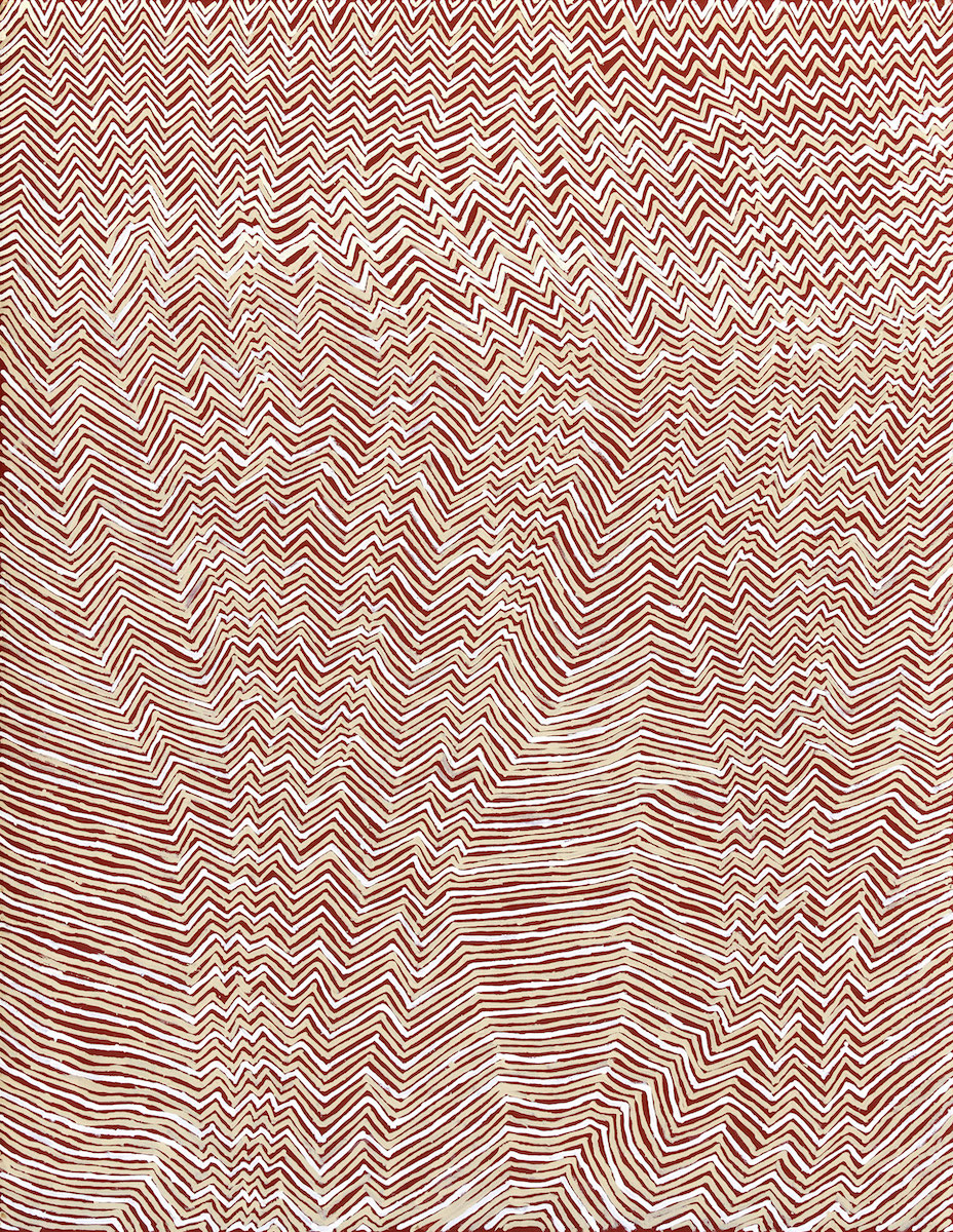 Abstract painting with a series of white and pale yellow zig-zagged lines on a deep red background