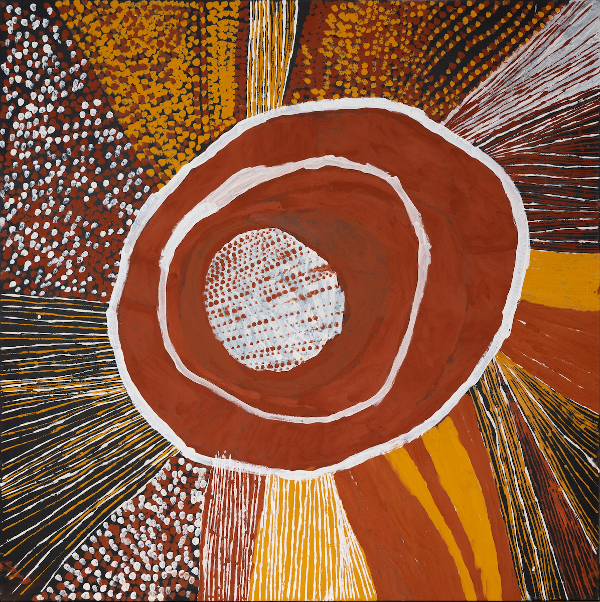 A celestial abstract painting of circles, dots and lines in red, ochre, black and white.
