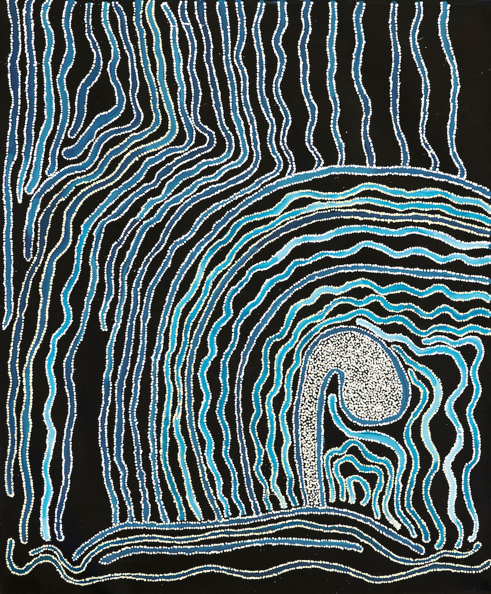 Abstract painting with wavy lines in various shades of blue, outlined in white dots on a black background.