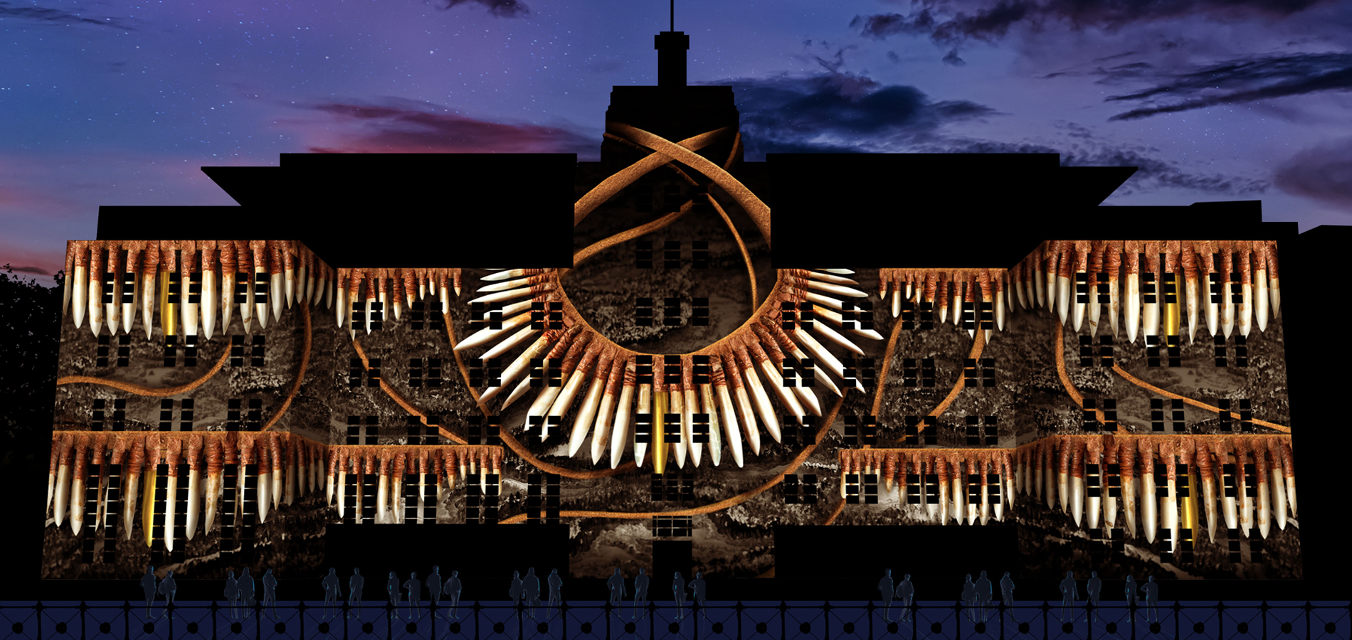 Image of a necklace made of leather, kangaroo teeth and sinew projected onto the façade of the MCA building in Sydney at dusk.