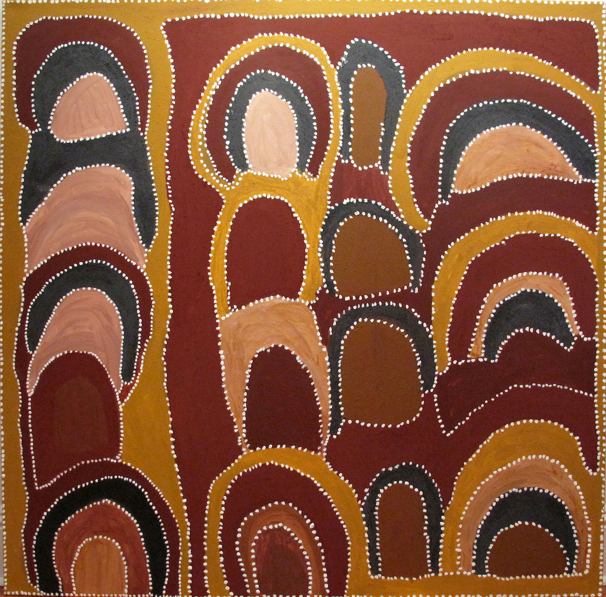 Abstract painting of columns of curved shapes in yellow ochre, red ochre, black and dusty pink, outlined by white dots.