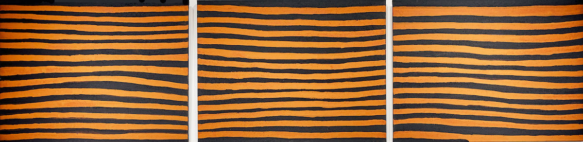 Triptych (three panels) of abstract orange and black horizontal lines
