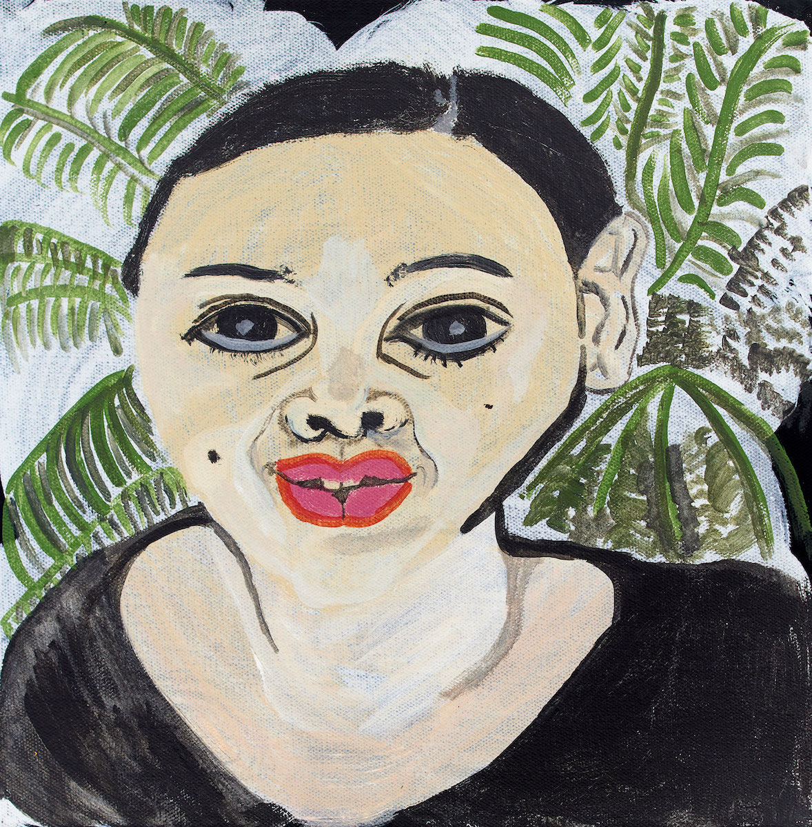 Portrait of a person with red lipstick against a white and black background with green palm fronds
