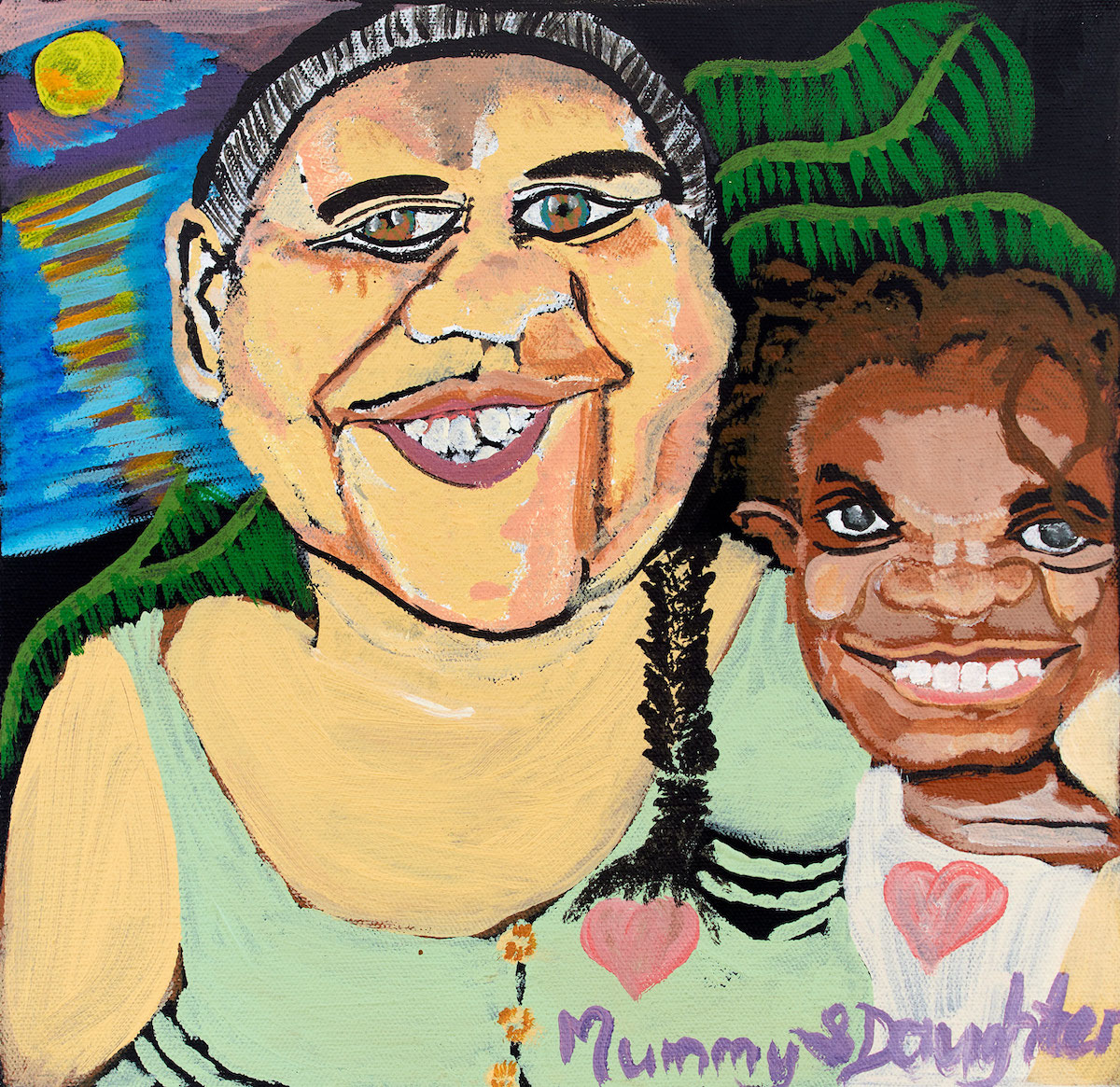 Portrait of an adult with a child against a sunset and palm tree background, with the words "Mummy & Daughter" written in purple at the bottom right below two pink love hearts