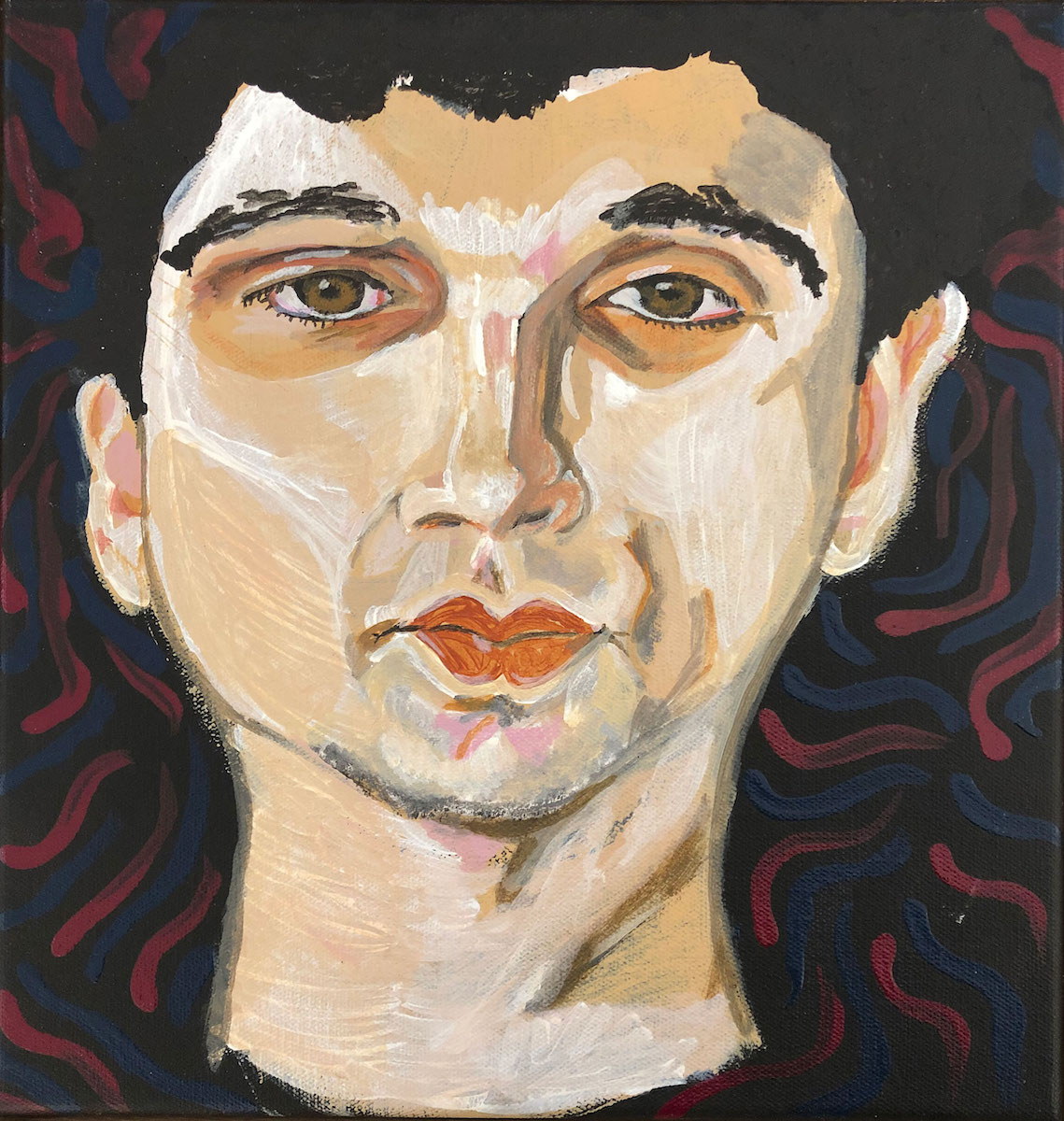 Portrait of a person's face against a background of red and blue wavy lines on a black background