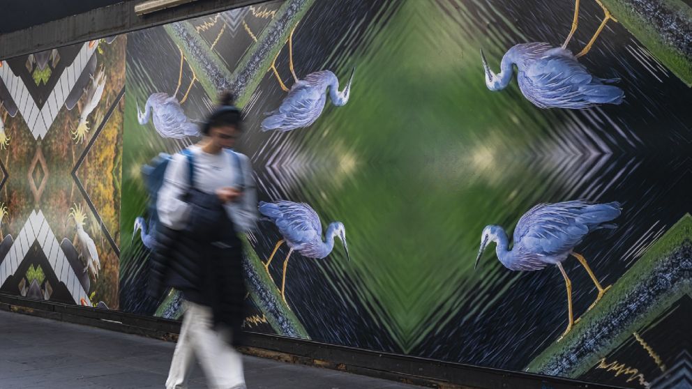 A blurry person looking at their phone, walking past a wall with a kaleidoscopic image of herons walking through a watery landscape.