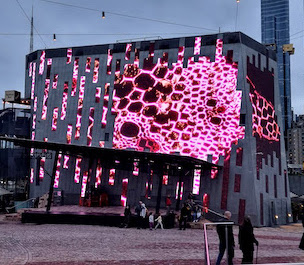 A building façade featuring a full-scale screen projecting an abstract microscopic image of pink-stained river reed plant cells.
